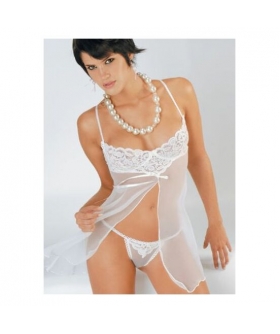 BABYDOLL DE MIRCOTUL Atraente babydoll de micro tule branco com sutiã de renda e abertura frontal