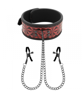 RED EDITION COLLAR Collier avec pinces pour les mamelons : accessoire bdsm excitant.