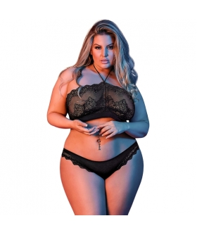 HALTER BANDEAU Set seductor de bandeau y braga negra con encaje festoneado