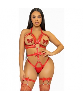 KINK TEDDY RED Arnês em couro vegan com argolas, laço e tanga removível