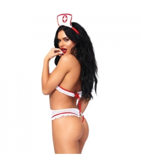 LEG AVENUE THRUST Lencería con teddy abierto y cofia; look sexy de enfermera