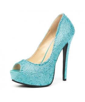 GLAMOUR PEEP Chaussures satinées turquoise ornées de pierres étincelantes