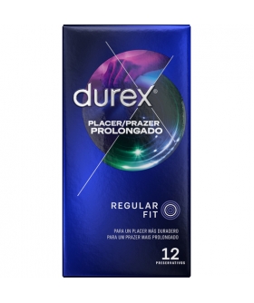 DUREX PLACER PROLONGADO 12 preservativos com creme retardante para um prazer duradouro.