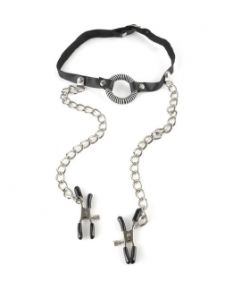 O-RING GAG WITH NIPPLE CLAMPS Mordaza con pinzas, ajustable, ideal para principiantes BDSM