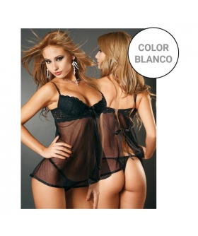 AURA SENSUAL Babydoll sensual de renda e microtul e abertura traseira branco