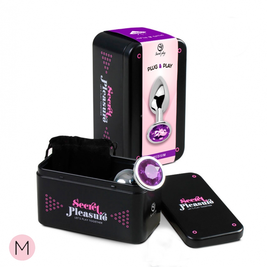 Plug anal metal mediano morado con bolsa