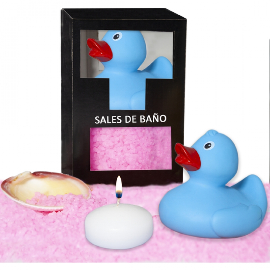 Set de sales de baño rosas 150 gr. con pato bañera, vela aro