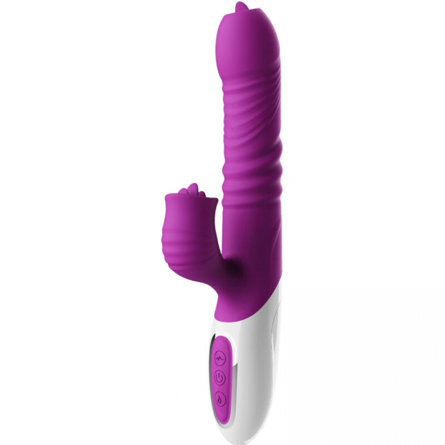 VIBRADOR DE LÍNGUA DUPLA E EFEITO DE CALOR VIOLETA DE EMPURR