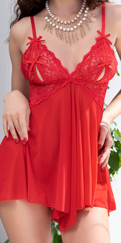 CAMISA DE NOITE E TANGA CR-446 Babydoll séduisant rouge en tulle et dentelle