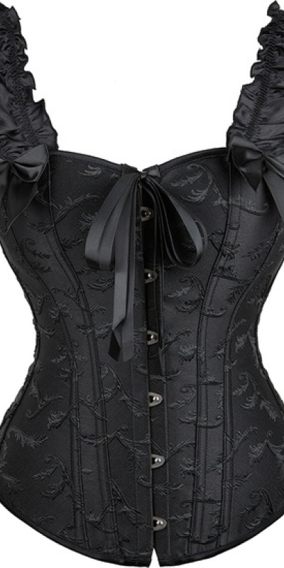 CORSET ÁNGELES Corset negro con PVC, lazada, flecos, sin copa ni aros