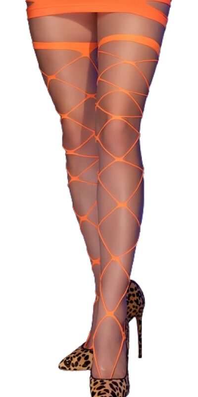 CR 4706 MEDIAS CABARET NARANJA Meias sensuais com grandes ilhós para mulheres.