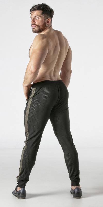 TRACKZIP ONE Joggers eróticos caqui con malla transpirable y bandas únicas