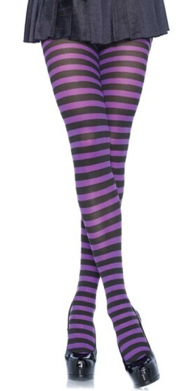 LEG AVENUE STRIPED Pantys opacos negro-morado, para disfraces, mezcla de nylon