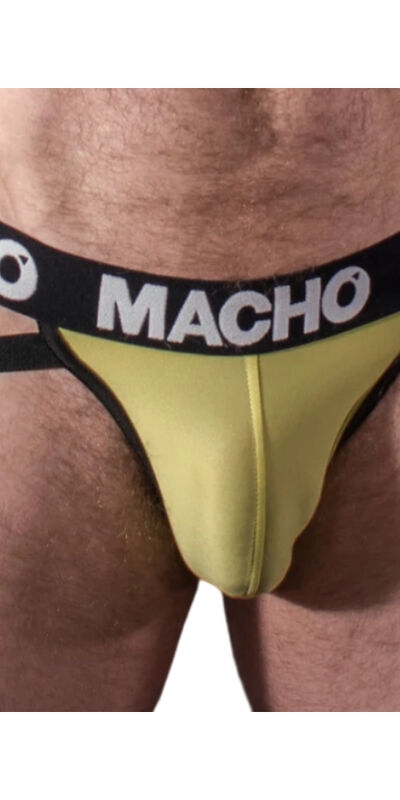 MACHO - MX25A JOCK LYCRA AMARI Roupa interior masculina amarela de lycra, parte de trás aberta.