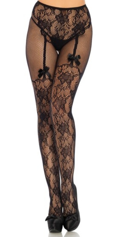 CROTCHLESS PANTYHOSE FLEURES Medias de red estampadas con liguero de lazos