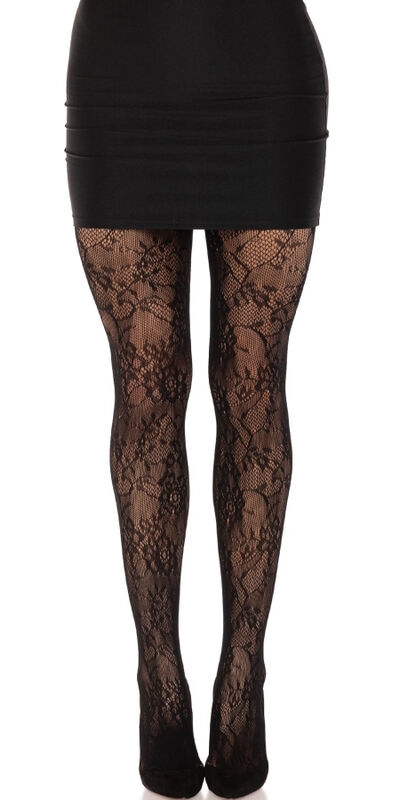 MEDIAS DE ENCAJE FLORAL NEGRO Collants noirs en dentelle florale, élégants et confortables.