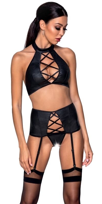 NANCY SET Ensemble de lingerie passion en cuir noir