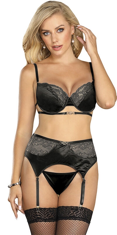 SENSUAL ELLA SET DE 3 PIEZAS  Conjunto de lingerie erótica: sutiã, tanga, ligas.