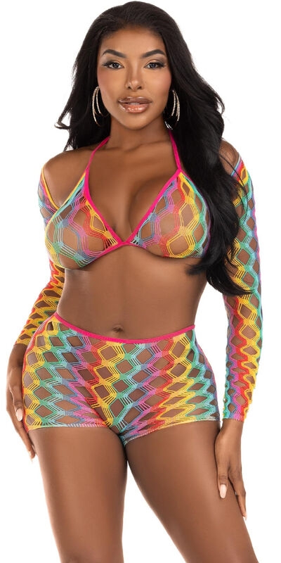 SET TRES PIEZAS MULTICOLOR Conjunto de lingerie arco-íris de três peças.