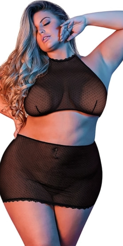 SEXYTIME Conjunto sensual negro de blusa sin mangas y minifalda