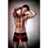 Capo intimo erotico: mini short in lattice nero, fiocco rosso.